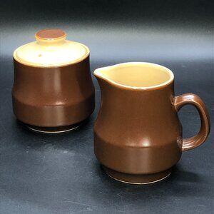 Vintage HANIWA STONEWARE Cafe Royale Creamer Sugar Bowl Set: Brown Beige Neutral
